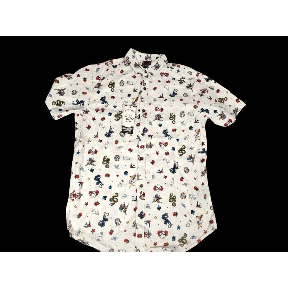 Raw Yarn Men's Tatoo Print Shirt Skull American Eagle Snake Kitschy NWT US/L